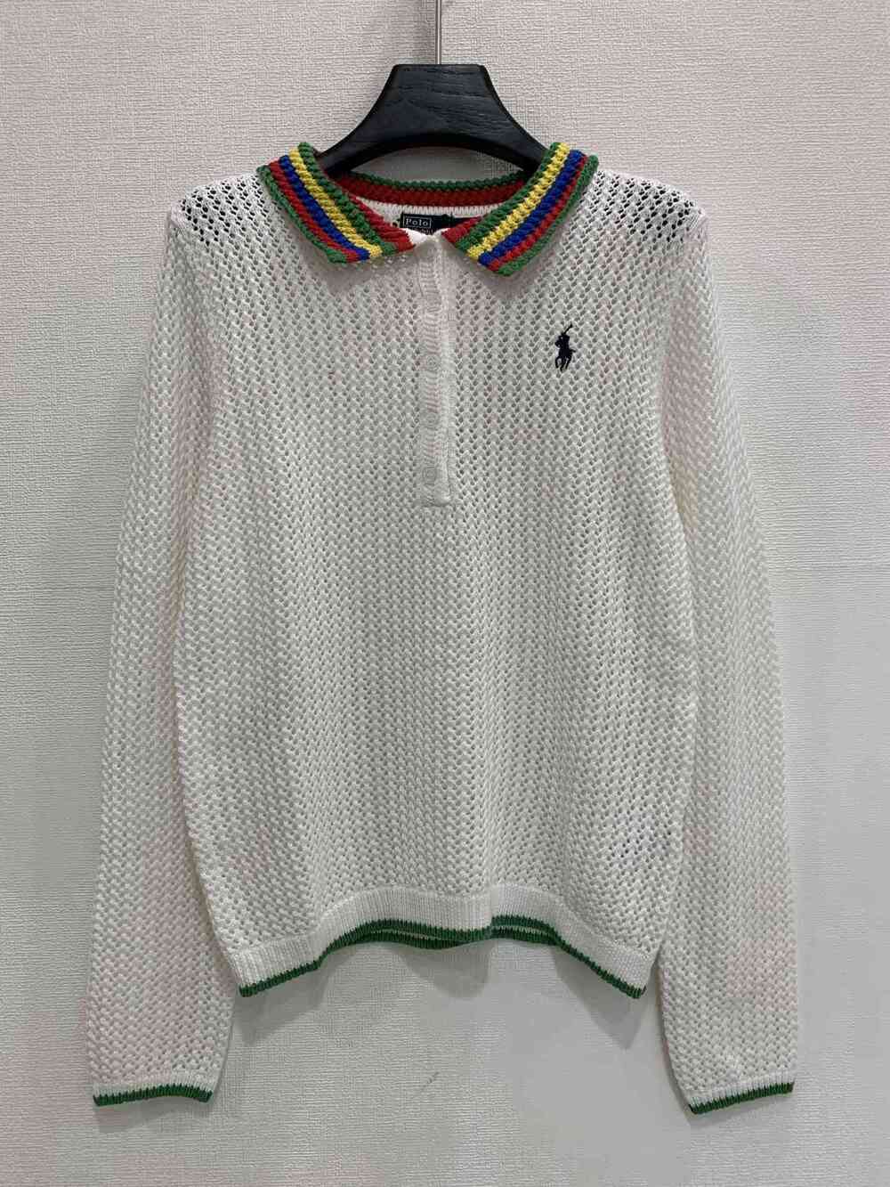 Polo Ralph Lauren White Open Knit Rainbow Collar Polo Sweater